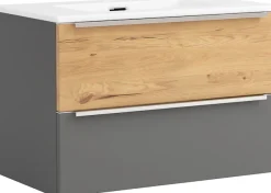 welltime Waschtisch »TRIENT, Softclose-Auszüge, Keramikbecken« matt onyx-grey/wildeiche, Keramikbecken
