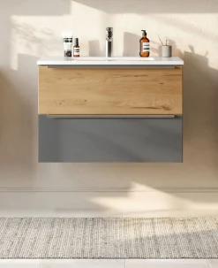 welltime Waschtisch »TRIENT, Softclose-Auszüge, Keramikbecken« matt onyx-grey/wildeiche, Keramikbecken