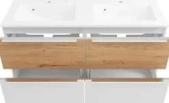welltime Waschtisch »TRIENT, Softclose-Auszüge, Mineralgussbecken« matt weiß/wildeiche, Mineralgussbecken