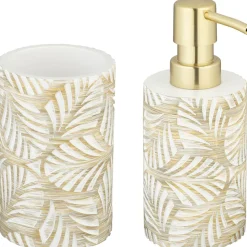 WENKO Badaccessoire-Set »Modell Terralba« Seifenspender und Zahnbürstenhalter aus Polyresin, Blätter-Struktur