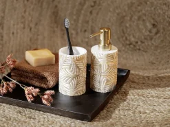 WENKO Badaccessoire-Set »Modell Terralba« Seifenspender und Zahnbürstenhalter aus Polyresin, Blätter-Struktur