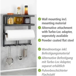 WENKO Küchenregal »Modell Gala« Set,mit Küchenrollenhalter & Reling inkl. 6 Haken, Industrial Style