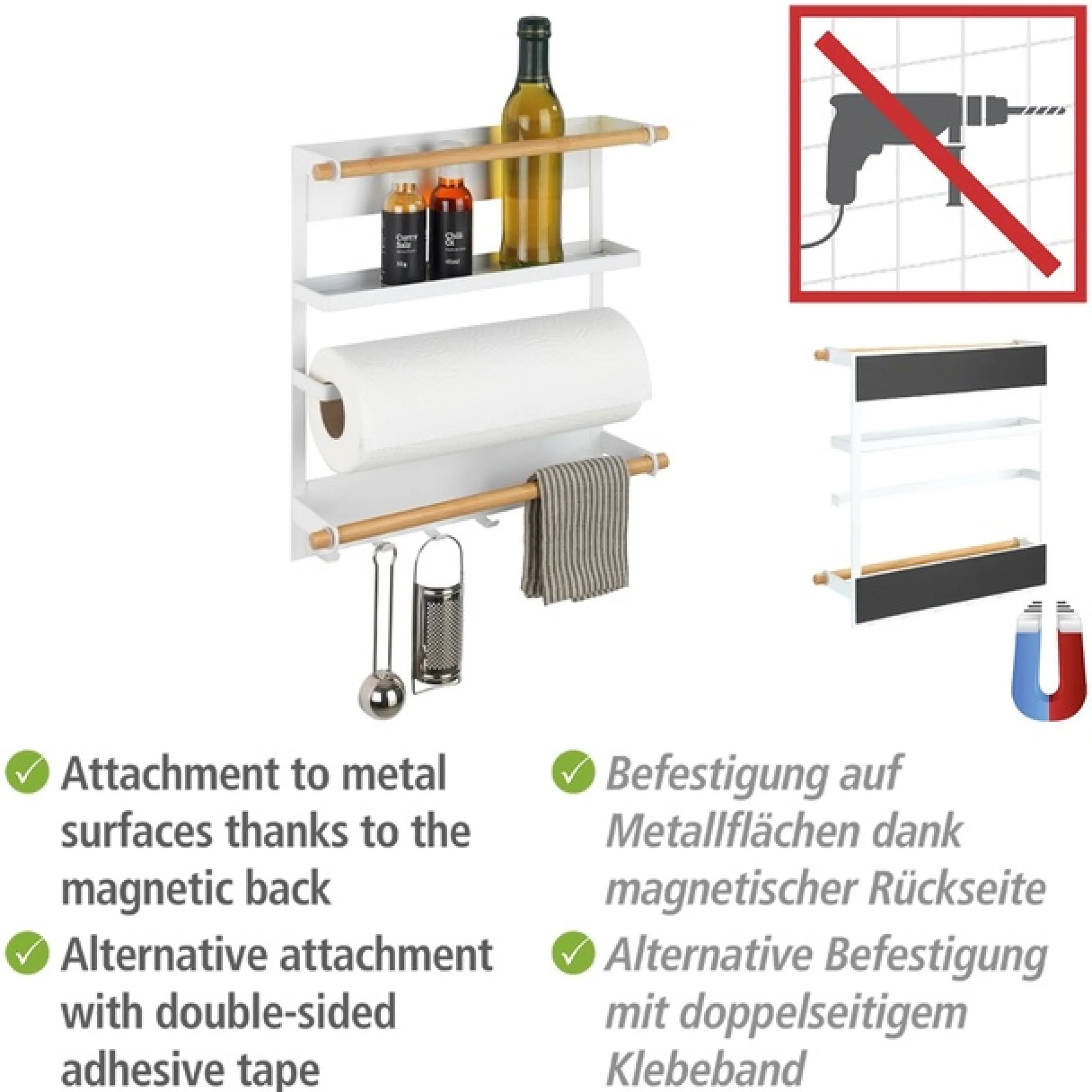 WENKO Küchenregal »Modell Magna« magnetisches Regal mit Küchenrollenhalterung, Befestigung ohne Bohren