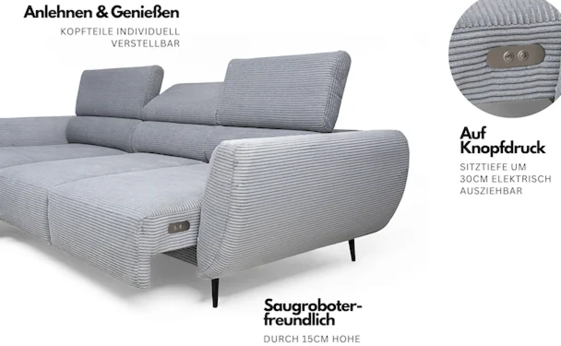 WERK2 Ecksofa »Alisson 277 x 174 cm modern und bequem« Cord, L-Form, XXL, elektrische Sitztiefenverstellung, Schlaffunktion