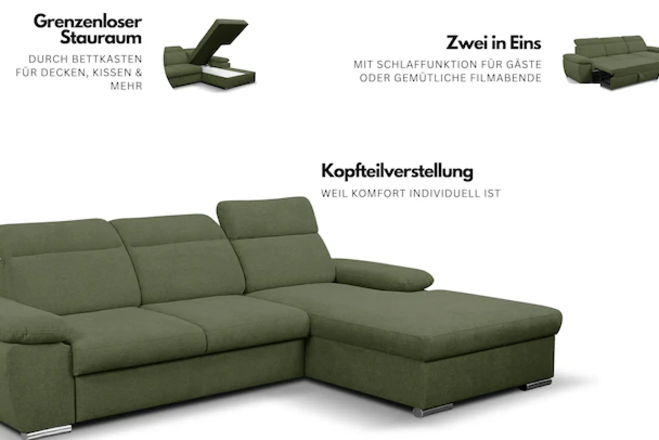 WERK2 Ecksofa »Palma 282 x 185 cm modern und bequem« Strukturstoff, L-Form, XXL, Schlaffunktion, Bettkasten
