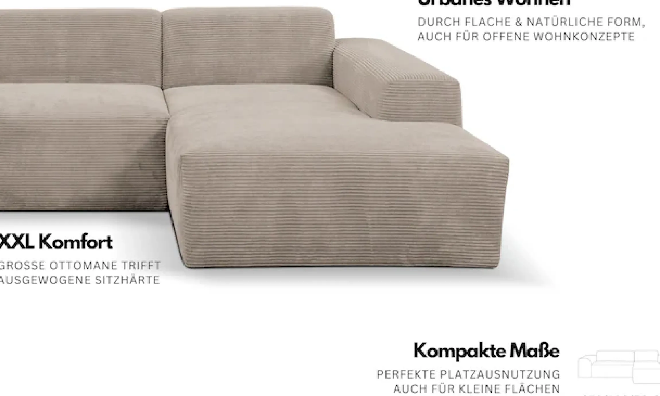 WERK2 Ecksofa »Zeus-L 253 cm breit, bequemes Cord-Sofa in L-Form, urbanes Design« Organische curvy-trend Couch mit großer Komfort-Ottomane