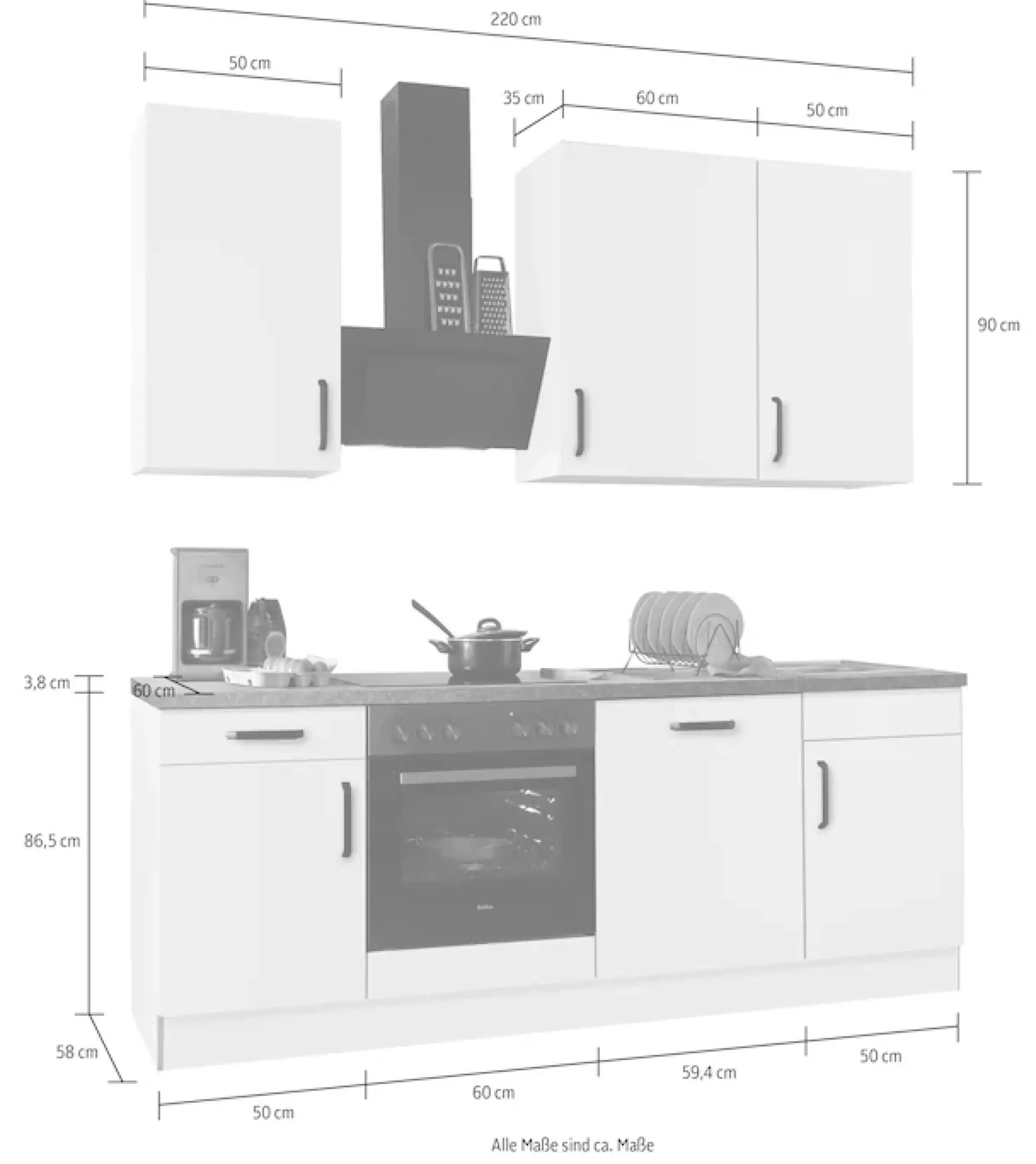 wiho Küchen Küchenzeile »"Simi", wahlweise mit E-Geräten, mit verstellbaren Füßen« Soft-Close-Funktion in Schubkästen und Auszügen, Breite 220 cm