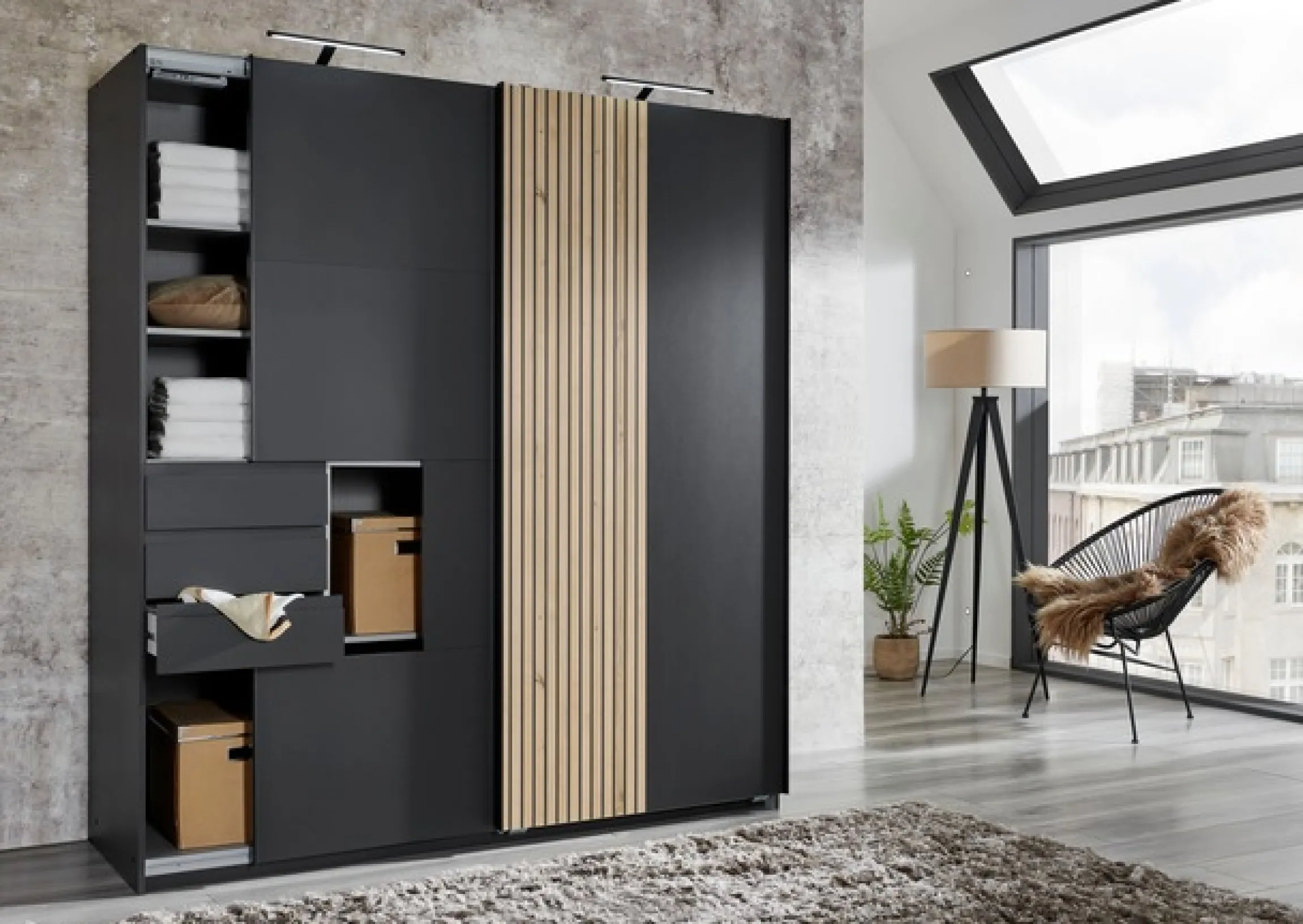 Wimex Schwebetürenschrank »Coburg, Kleiderschrank Made in Germany« mit Akustikpaneel Optik oder Holzoptik eichefarben, 180cm breit