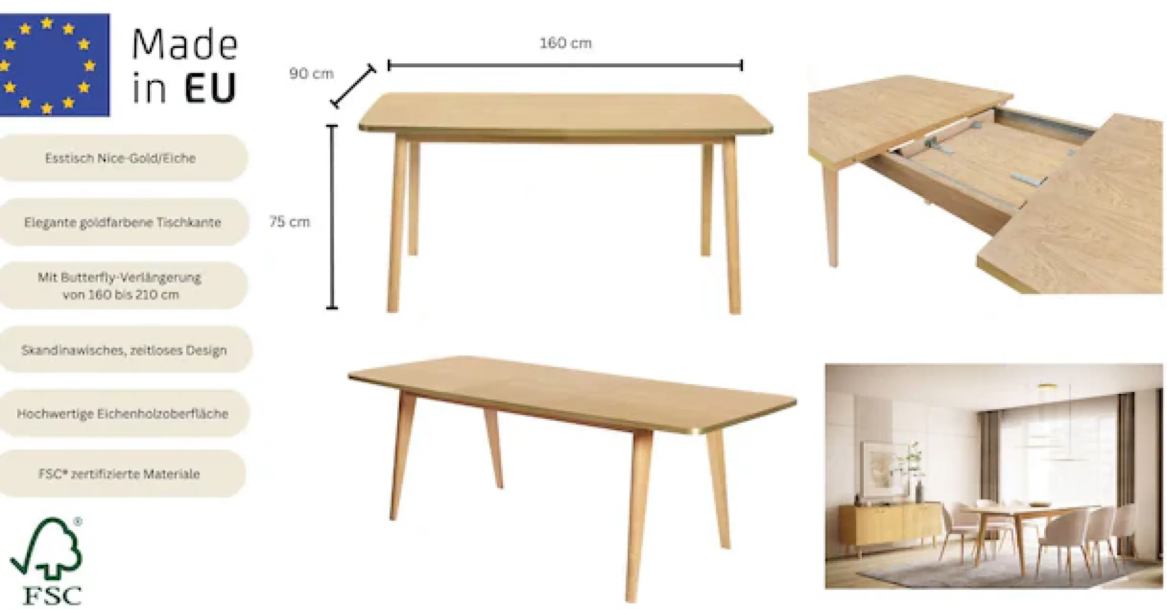 Woodman Esstisch »Nice« Breite 160 cm, ausziehbar auf 210 cm, FSC® zertifiziert