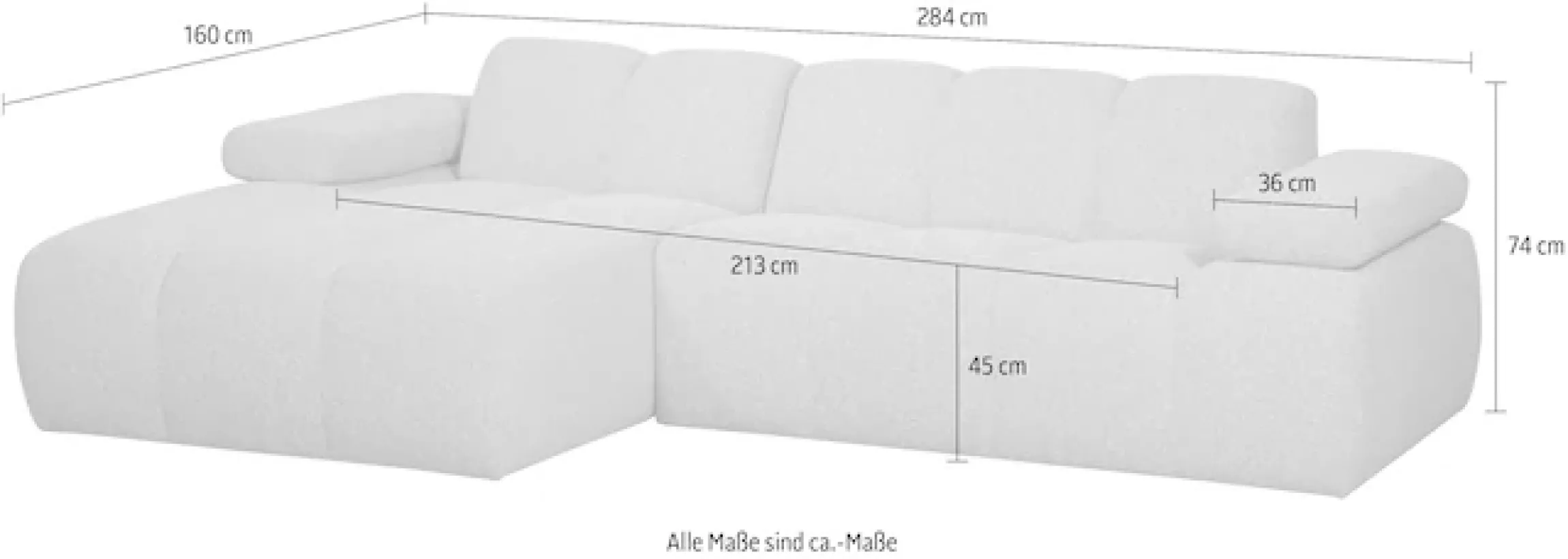 WOOOD Chaiselongue »Mojo Bouclé-Bezug mit verstellbarer Armlehne, H 74 x B 284 x T 160 cm« Tragkraft 360 kg, Maximale Verschleißfestigkeit, Pfleiglicht