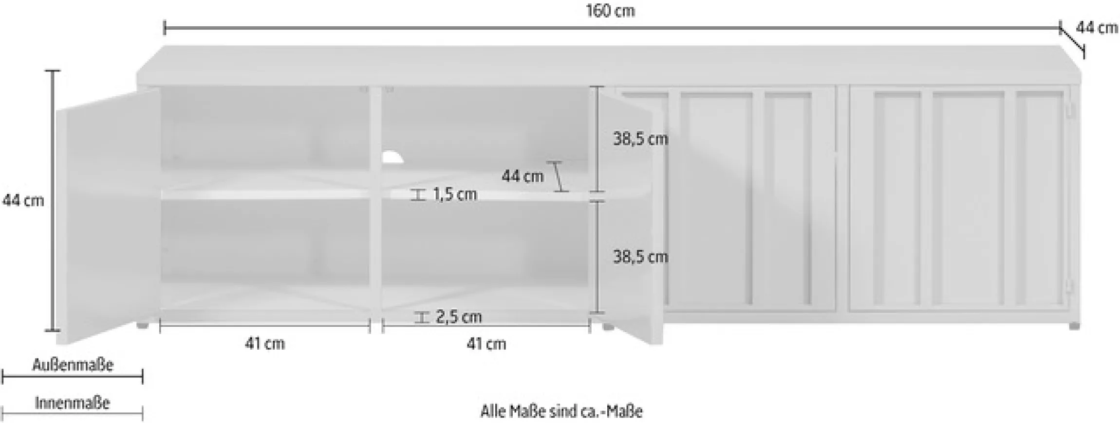 WOOOD Lowboard »Level Metall mit zwei Kabelöffnungen H 44 x B 160 x T 44 cm« Tragkraft 10 kg pro Boden, Gesamttragkraft 80 kg, Schutzlackiert