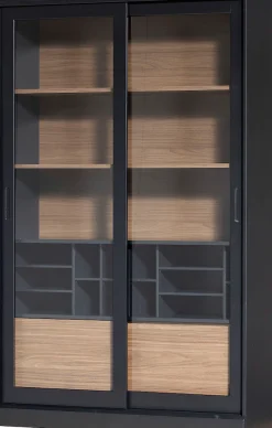 WOOOD Vitrine »James mit FSC® Massivkiefer und Glasdekor-Türen B125 x T47 x H200 cm« Tragkraft 15 kg pro Einlegeboden, MDF-Rückwand mit Nussbaumoptik