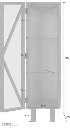 WOOOD Vitrine »Kella Mangoholz mit Glastüren und Glaseinlegeböden 40 x 39 x 137 cm« Tragkraft 5–7 kg pro Glasboden, Wandbefestigung empfohlen